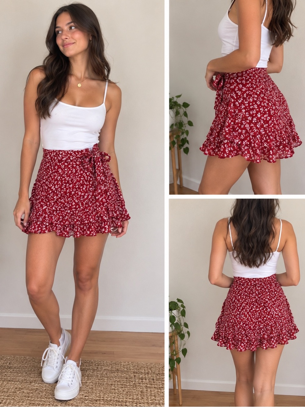 Zara Red Mini Skort with White Floral Print and Tie Waist